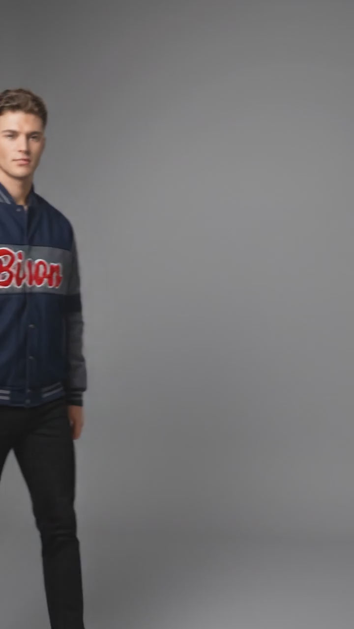 Retro Patchwork Varsity Jacket – Navy Grey Red Letterman