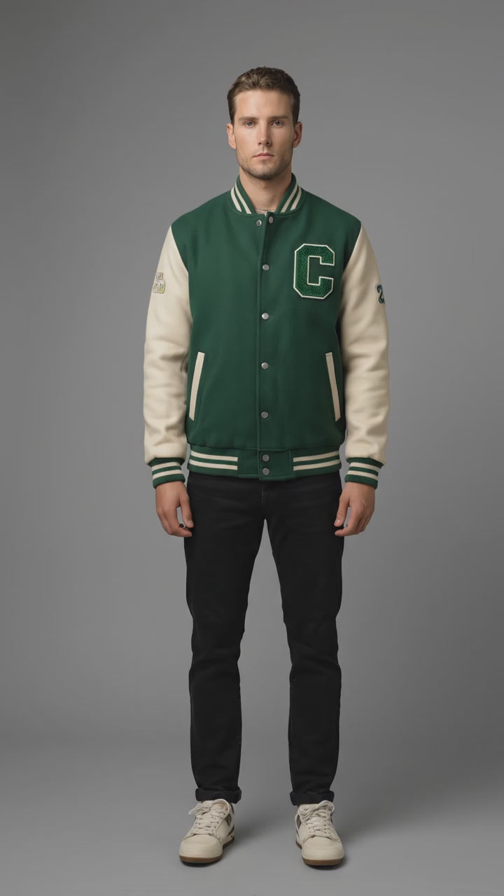 Men’s Light Green Varsity Jacket – Slim Fit Letterman with Cream Faux Leather Sleeves
