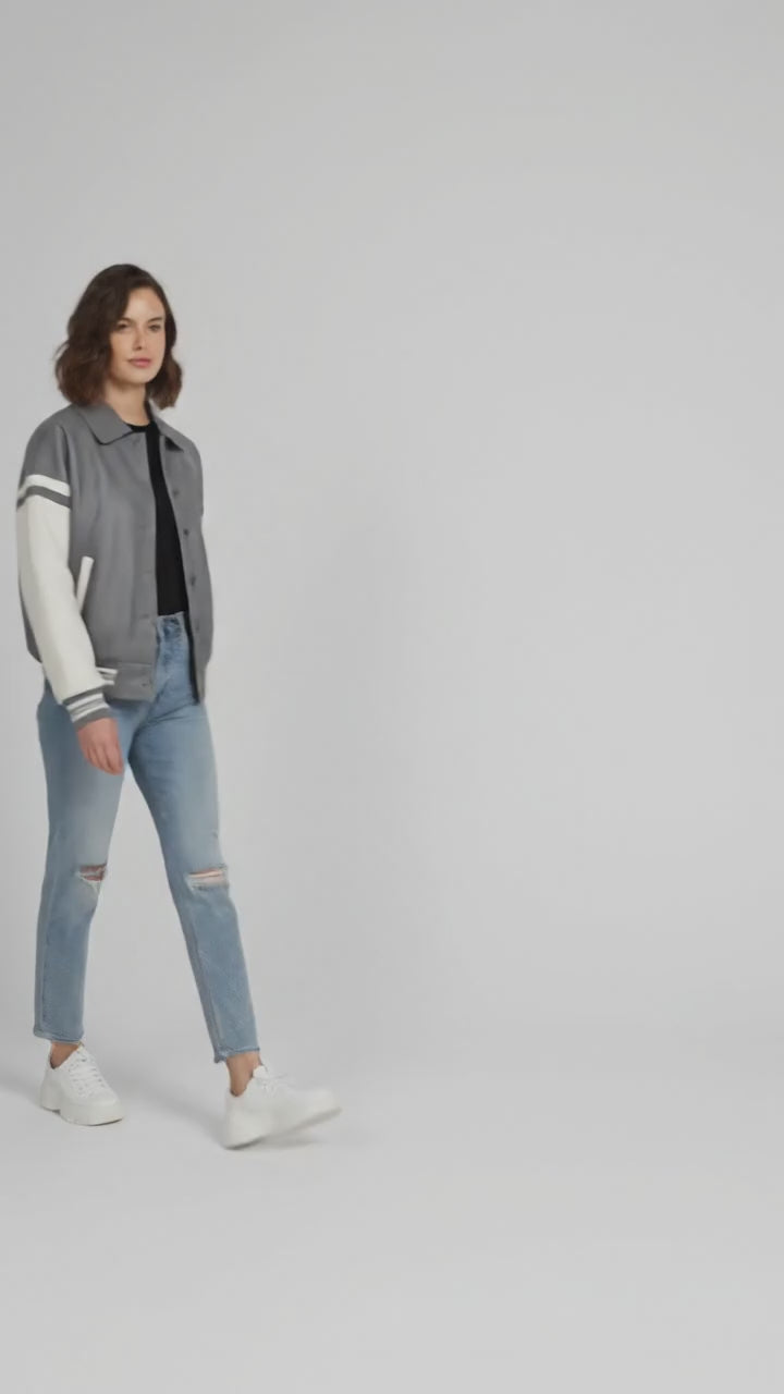 grey body and white sleeves leather varsity womens jacket