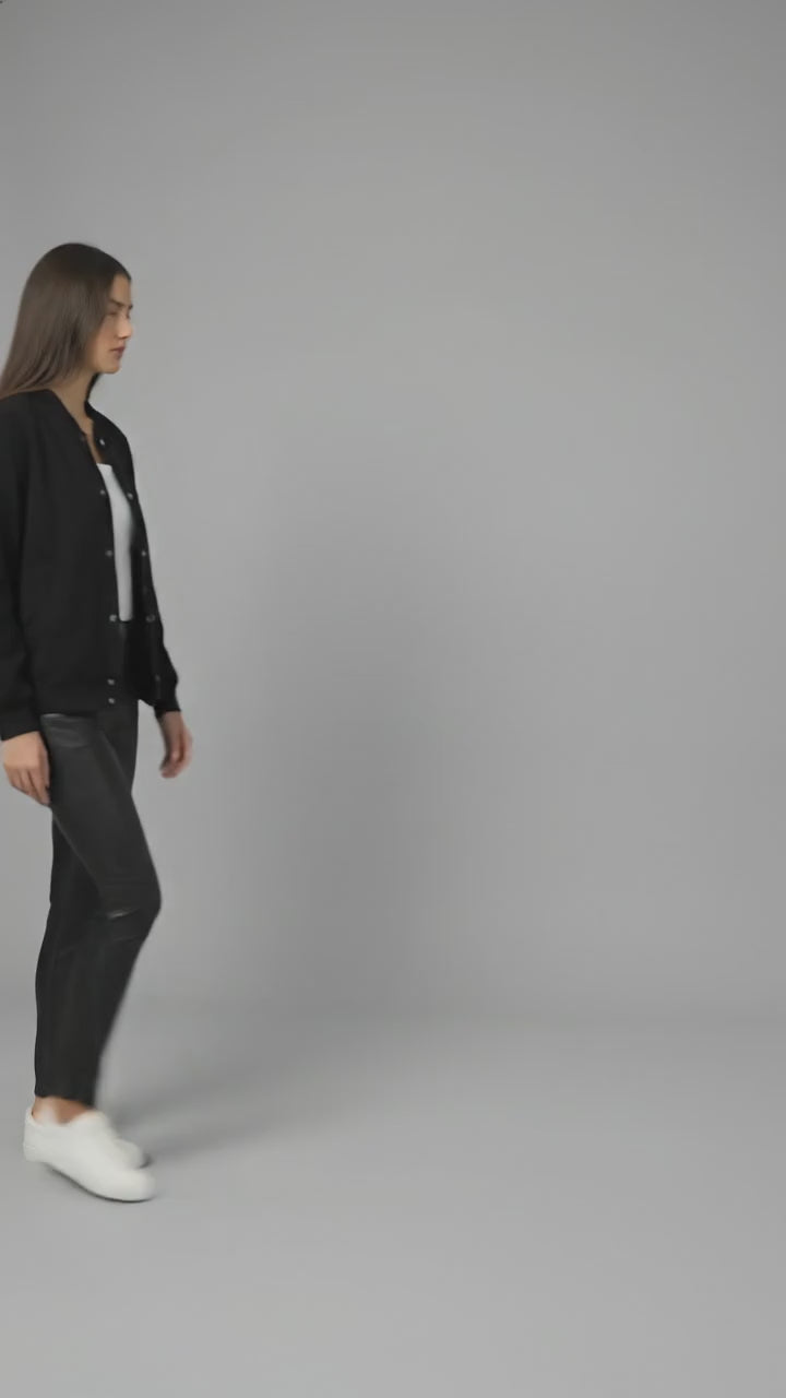 Black Luxe Leather Varsity Jacket for Women