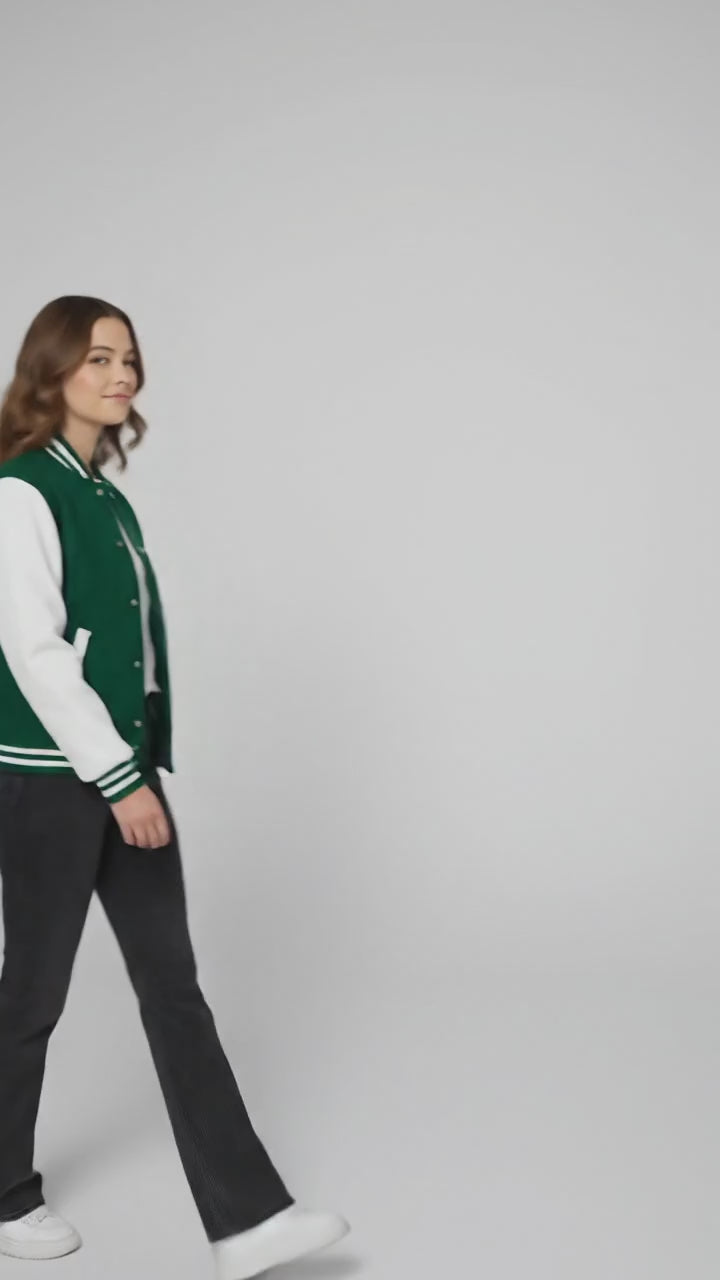 green and white leather varsity womens jacket