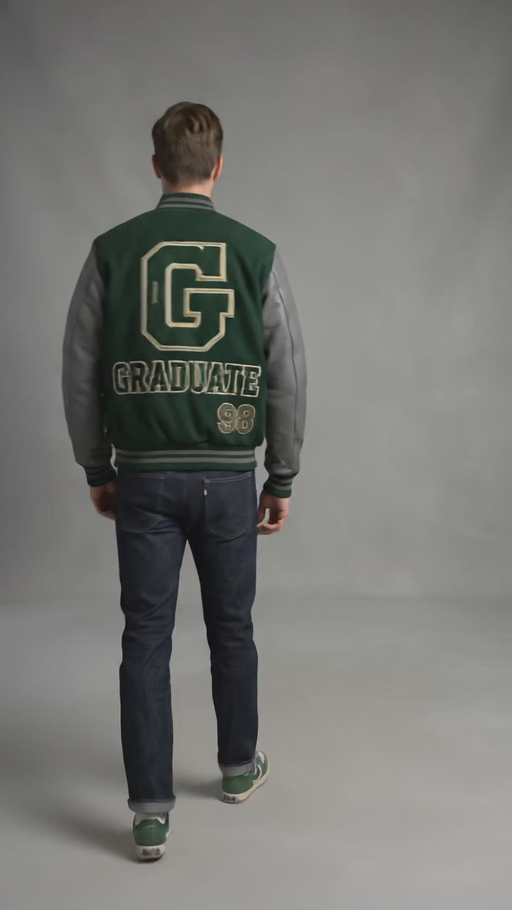 Men’s Green & Grey Vintage Varsity Jacket – Retro Streetwear Letterman Style