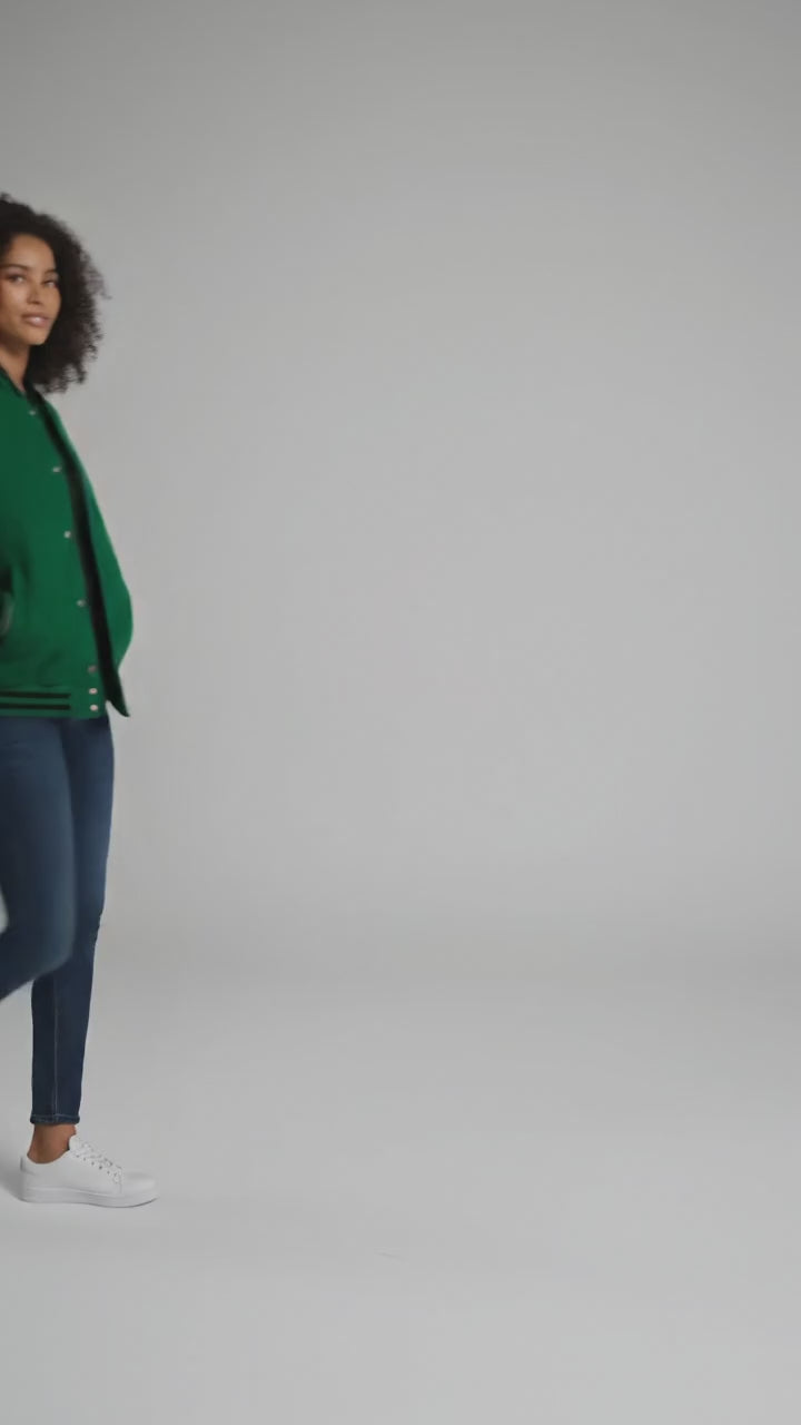 green body with black leather sleeves womens  varsity jacket