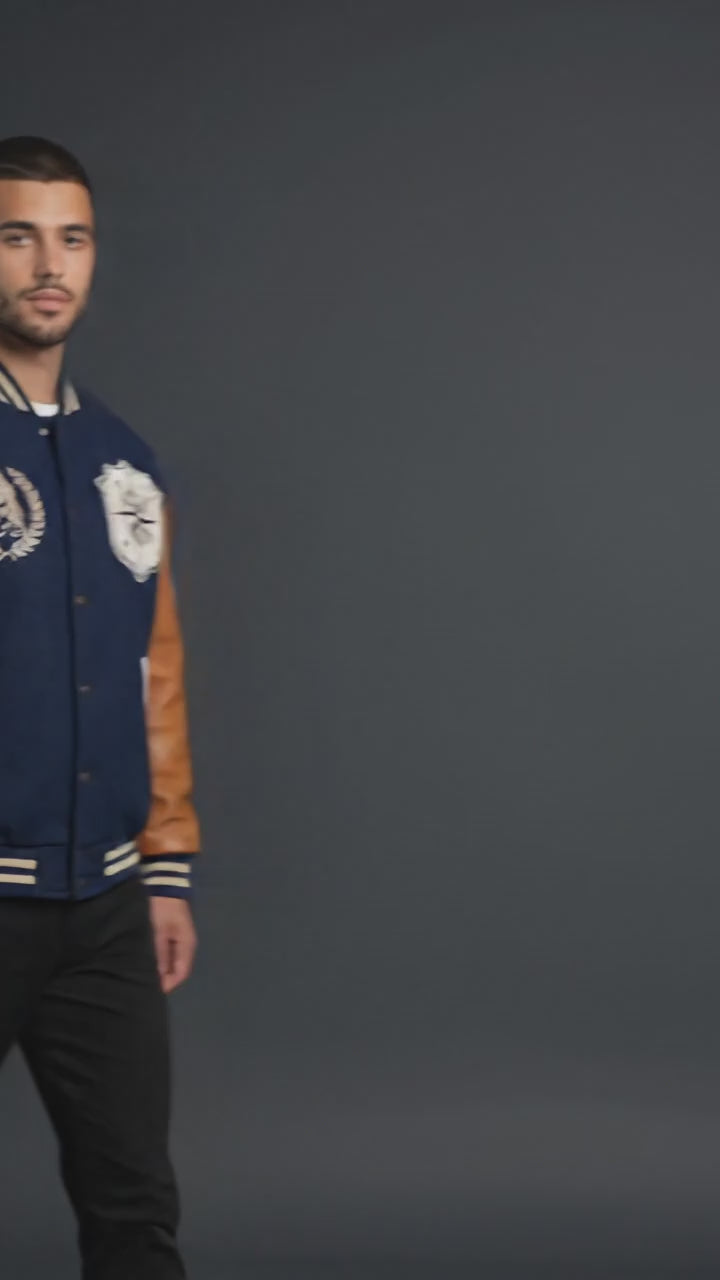 Men’s Navy Oversized Varsity Jacket – Embroidered Wool Letterman with Contrast Sleeves