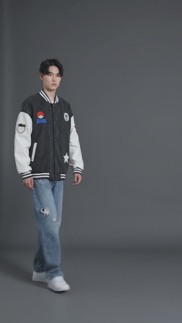 Men’s Grey & White Oversized Varsity Jacket – Embroidered Letterman Style