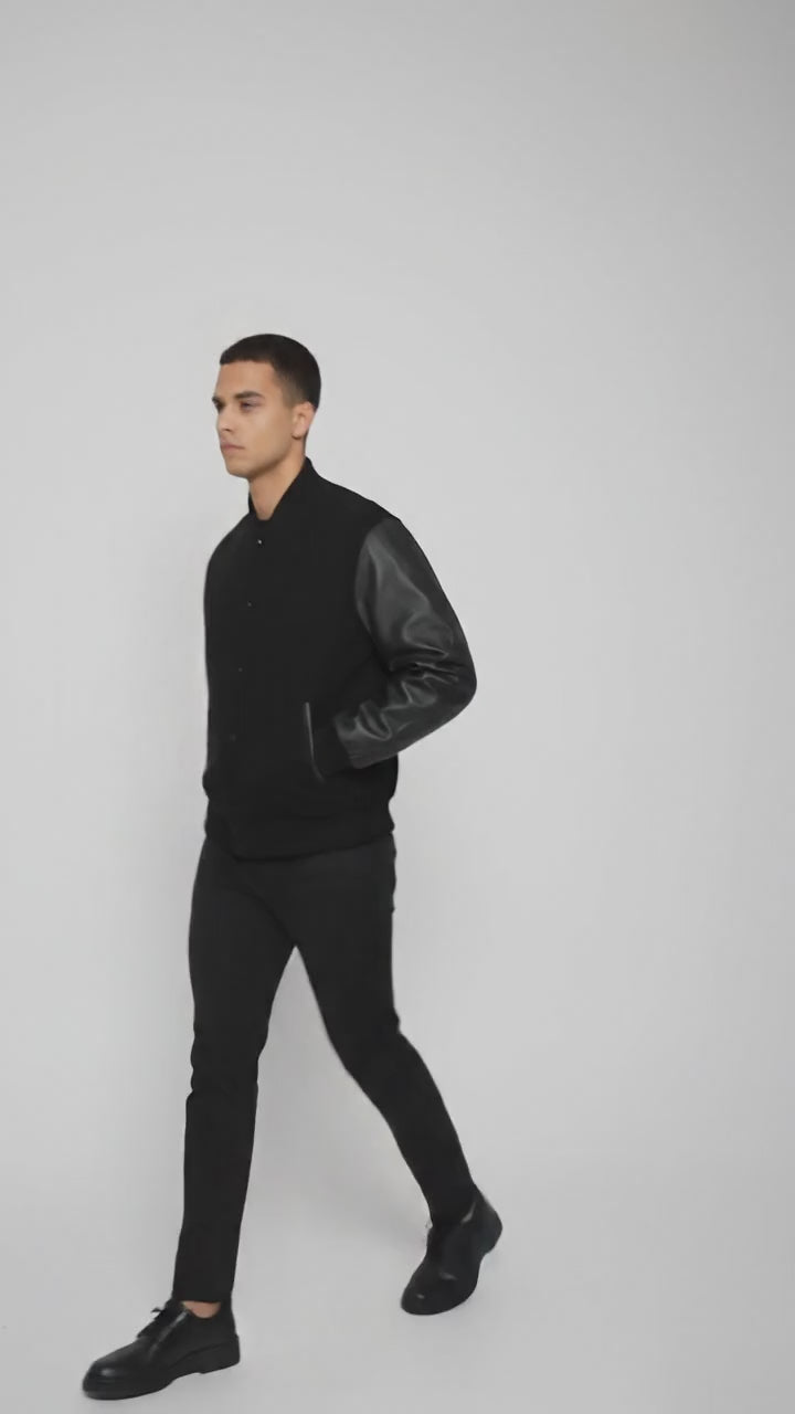 Men’s Black Varsity Jacket with Black Leather Sleeves