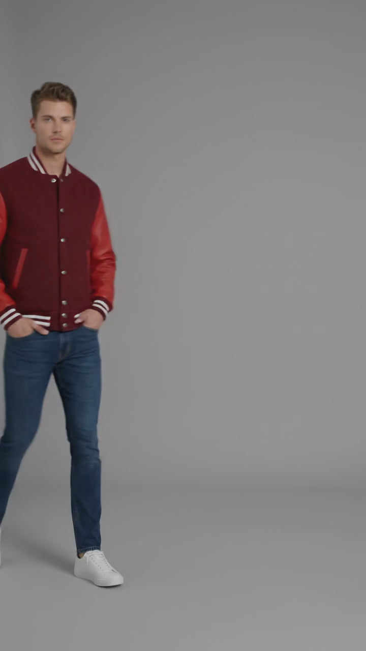 Men’s Maroon Wool Varsity Jacket – Slim Fit Leather Sleeves Baseball Letterman