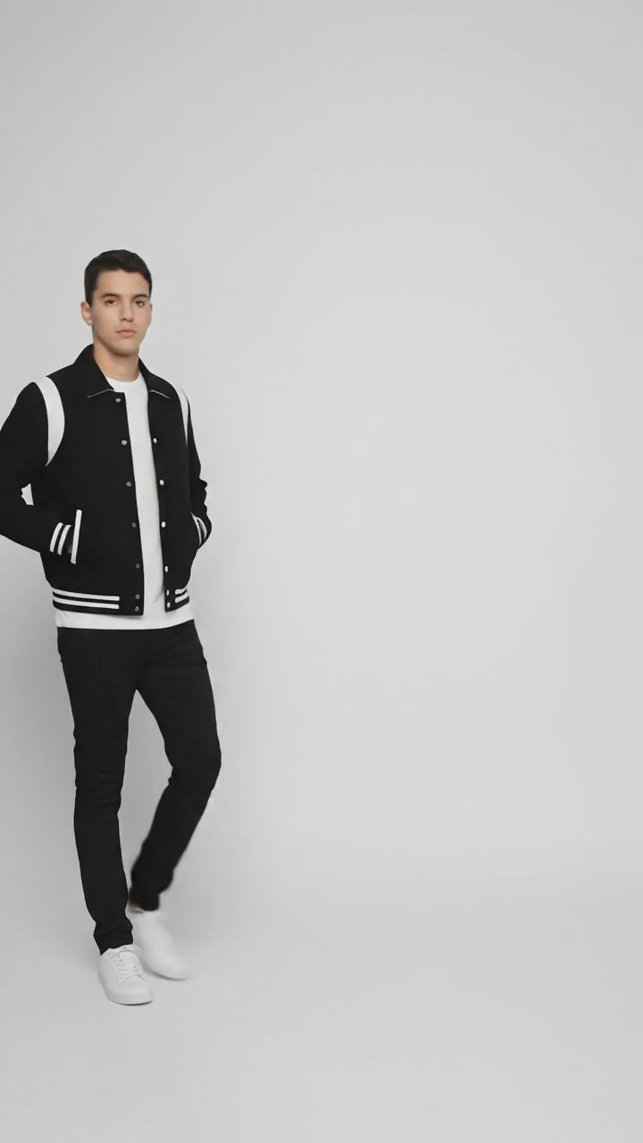 black leather varsity jacket