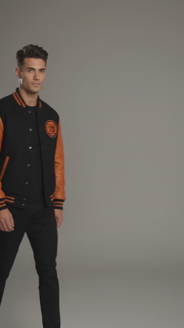Custom Basketball Varsity Jacket – Black & Orange Leather Letterman