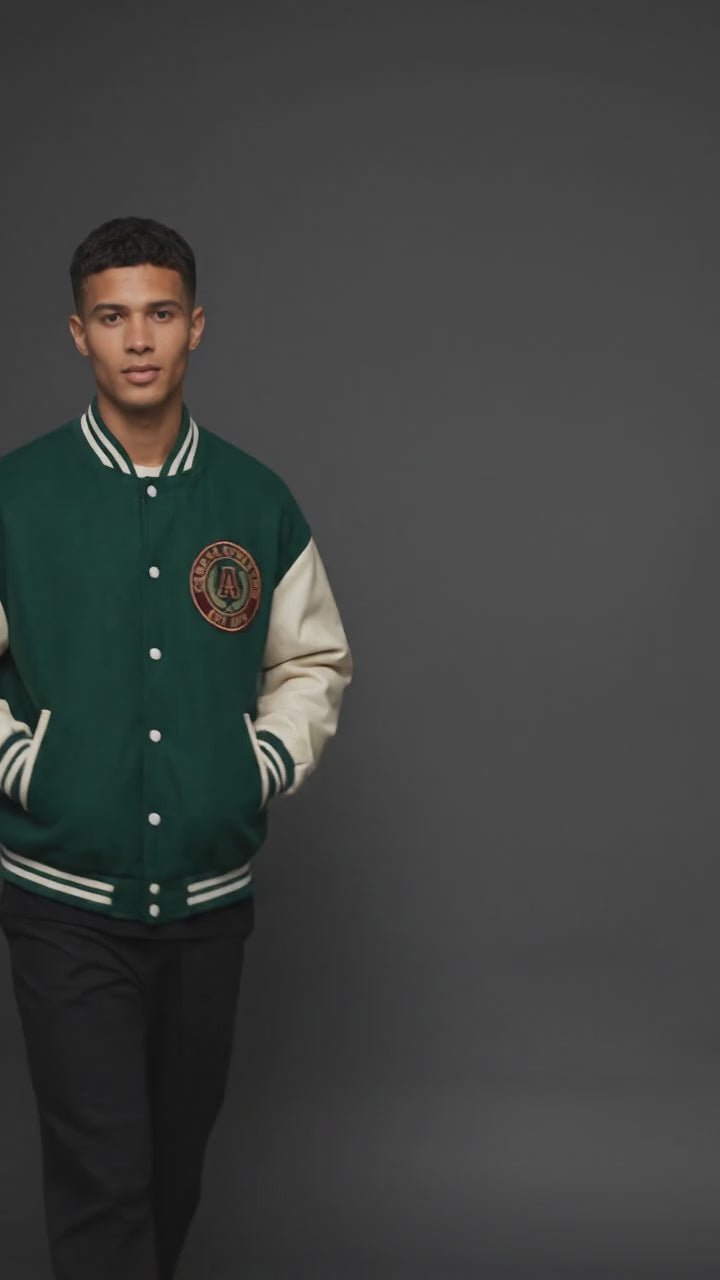 Men’s Embroidered Oversized Varsity Jacket – Letterman with Cream Sleeves