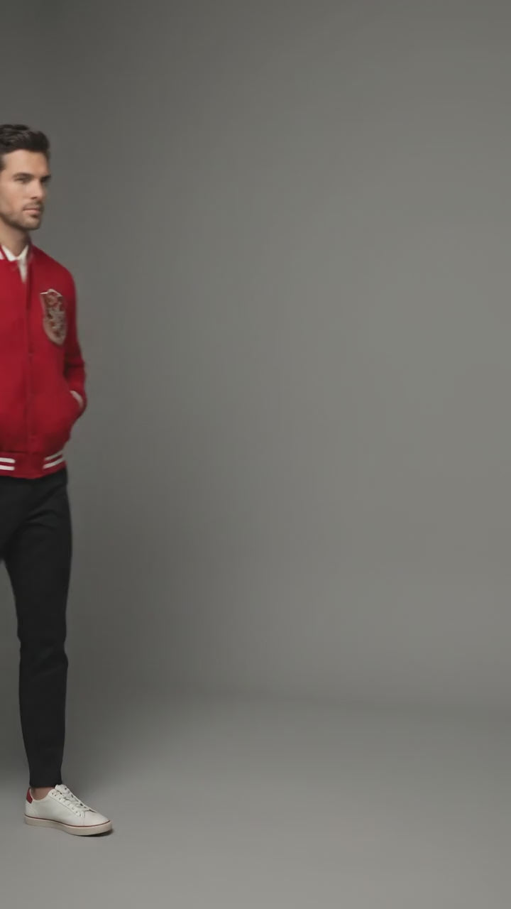 Men’s Red Wool Letterman Jacket – Classic Varsity Bomber Style
