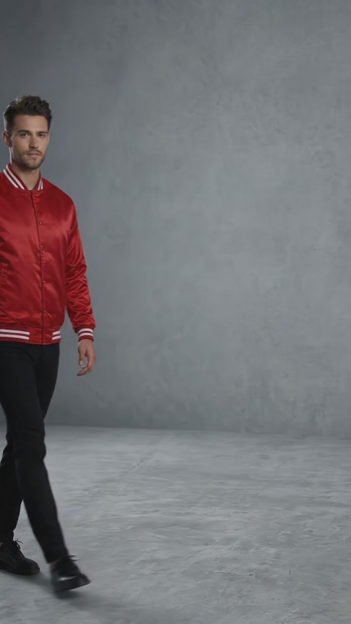 Men’s Premium Red Satin Varsity Jacket – Classic Letterman Bomber Style