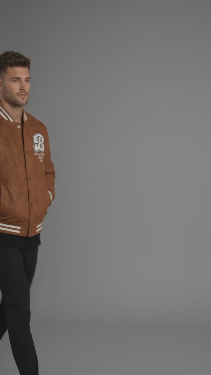 Men’s Slim Fit Brown Varsity Jacket – Patchwork Retro Letterman Style
