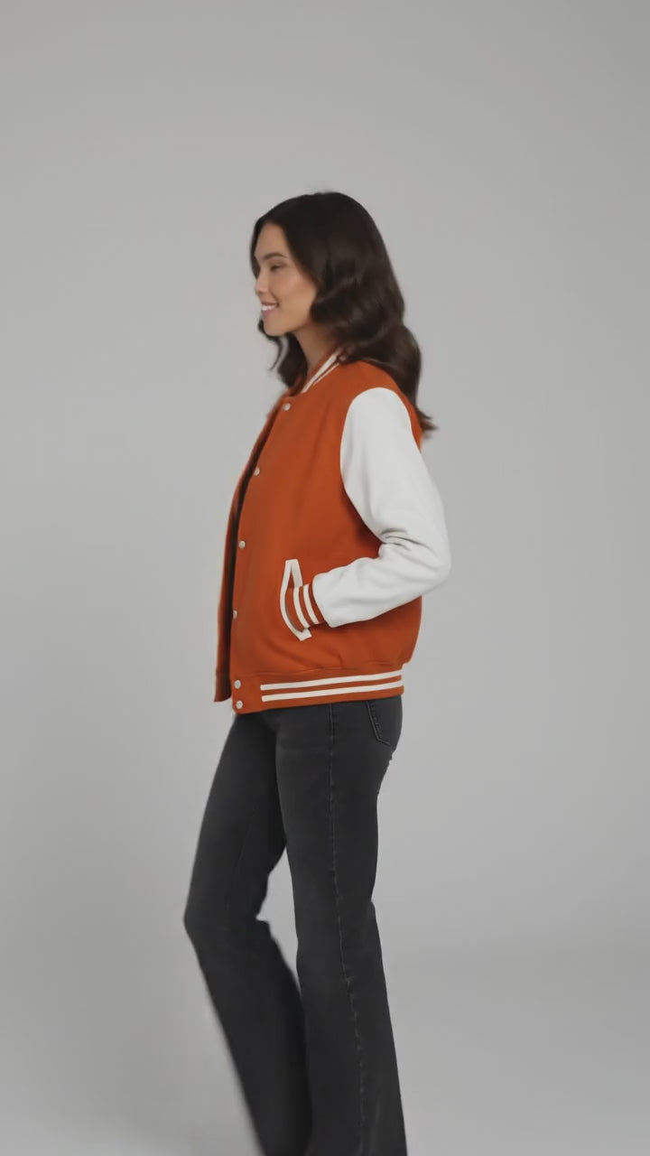 Orange & White Leather Sleeve Women's Varsity Jacket