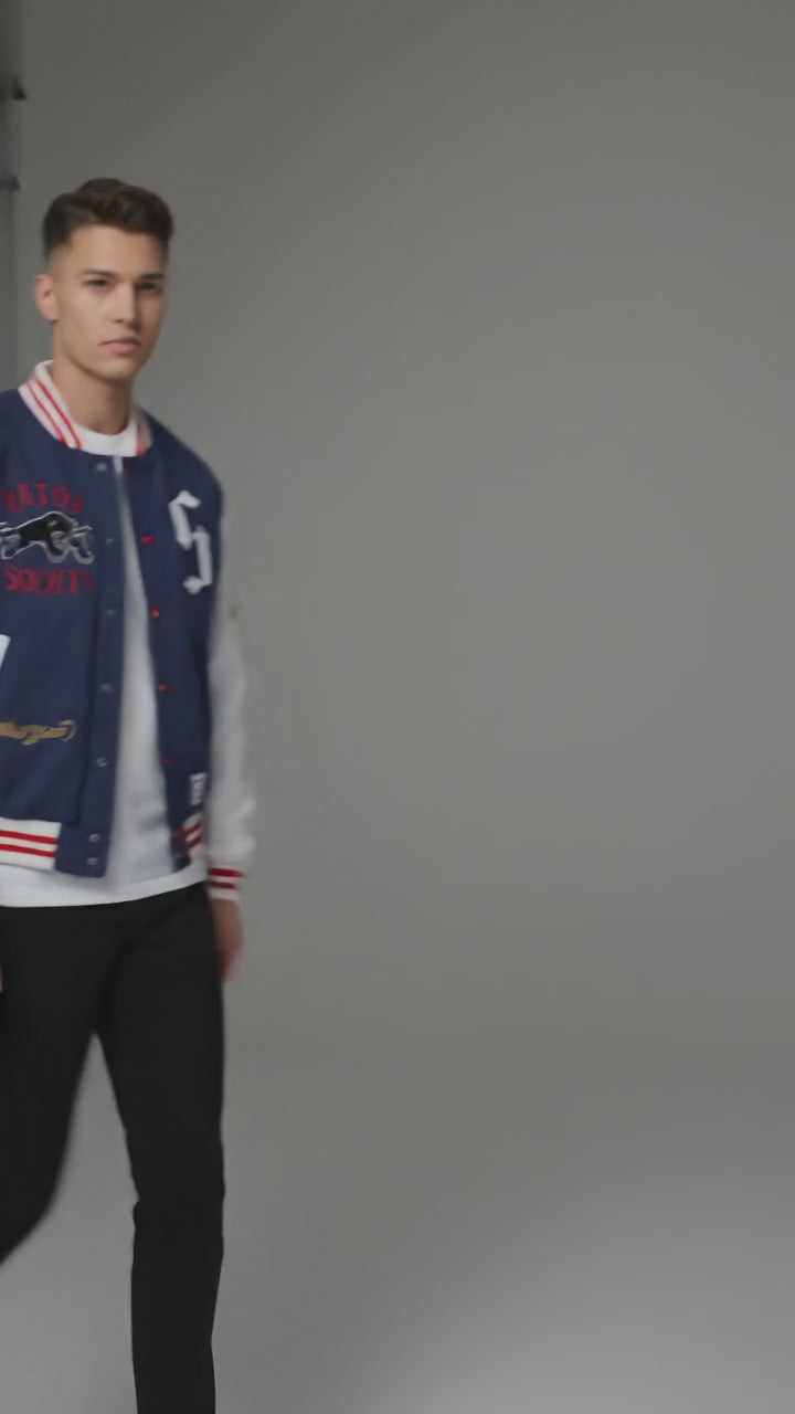 Men’s Blue Oversized Varsity Jacket – Classic Letterman with White Sleeves