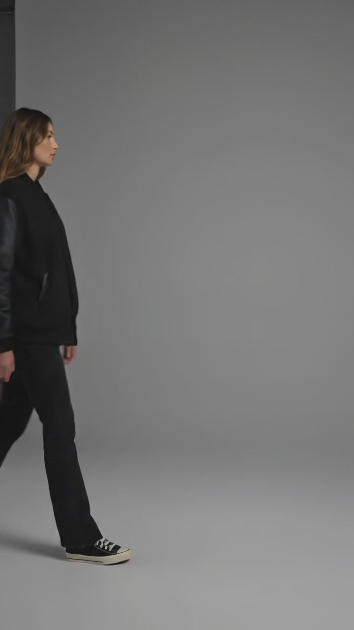 Modern Black Leather Varsity Jacket for Her