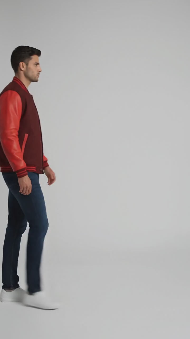 maroon body red leather sleeves varsity jacket men
