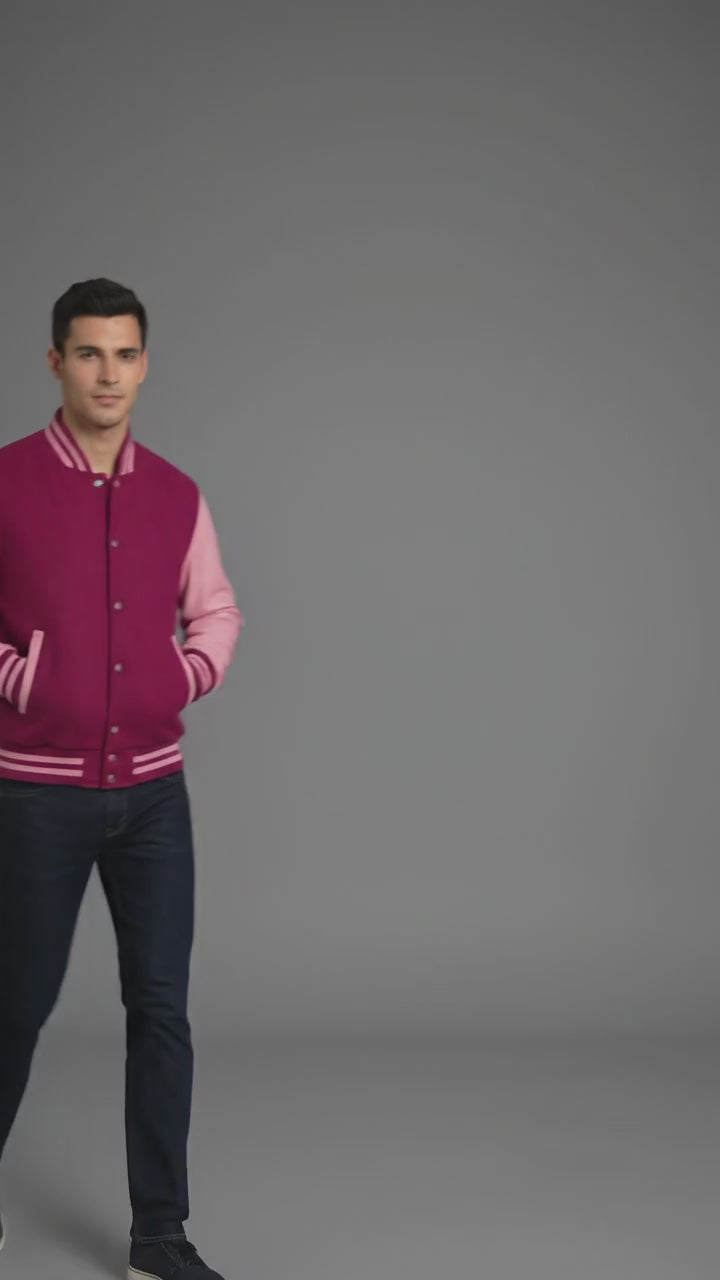 Men’s Vintage Varsity Jacket – Wool Letterman with Pink Leather Sleeves
