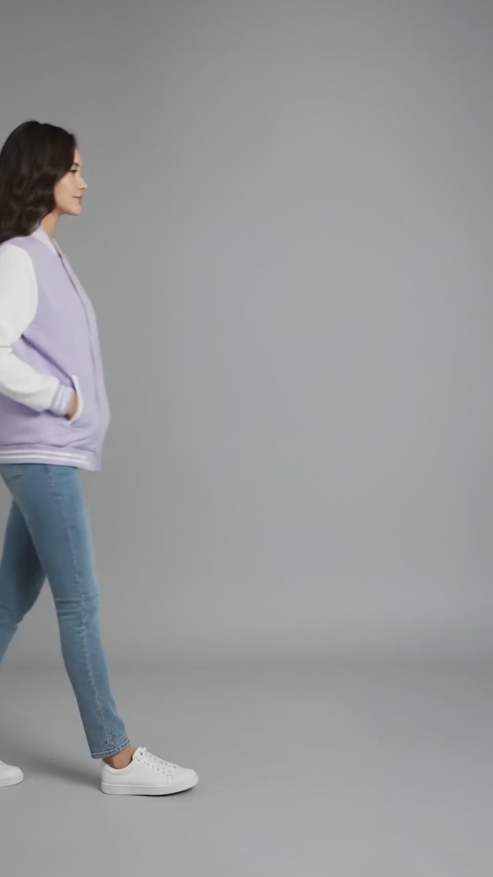 purple body with white leather sleeves womens  varsity jacket