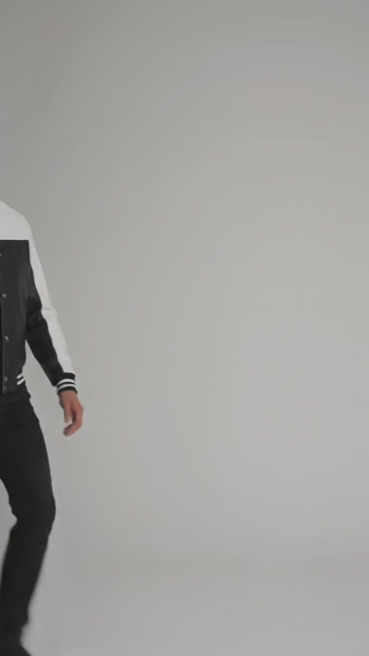 black and white leather varsity jacket