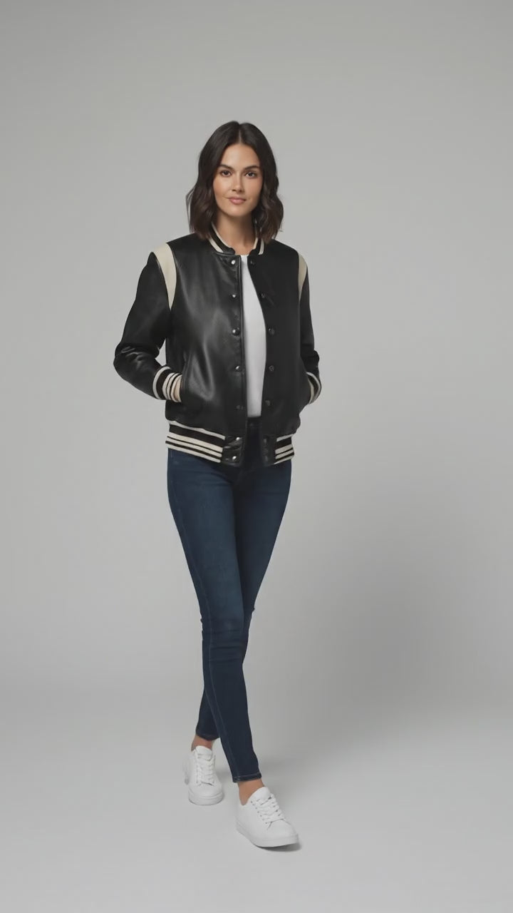 women black leather varsity jacket