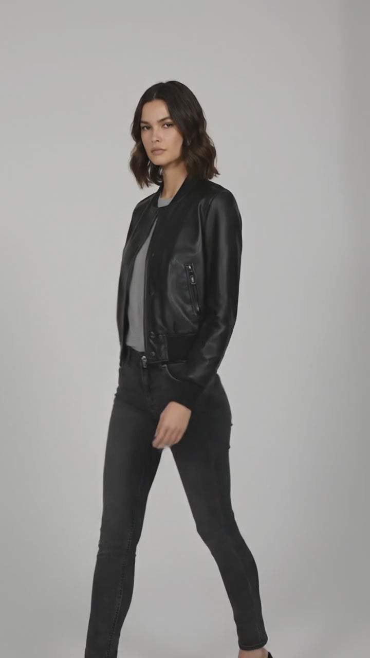 Black leather womens  varsity jacket