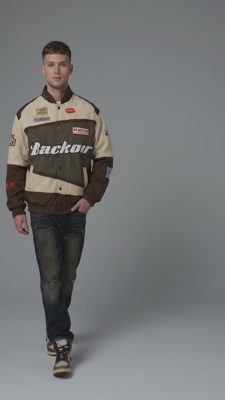 Men’s Varsity Baseball Bomber Jacket – Vintage Cotton Racing Streetwear with Pocket