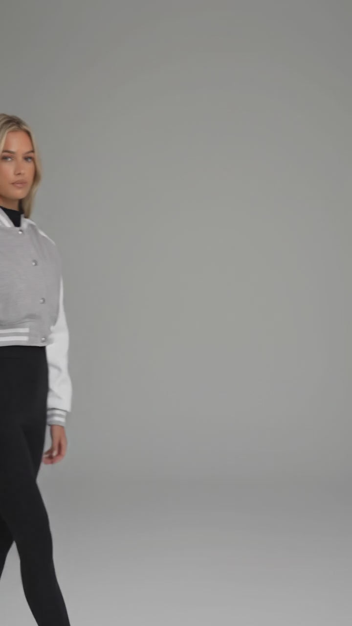 Grey & White Women’s Varsity Jacket – Chic Streetwear Edition