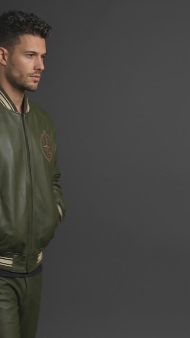Men’s Green Leather Varsity Jacket – Oversized Logo Letterman Bomber