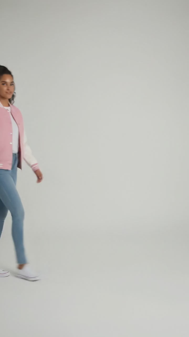 pink body with white leather sleeves womens  varsity jacket
