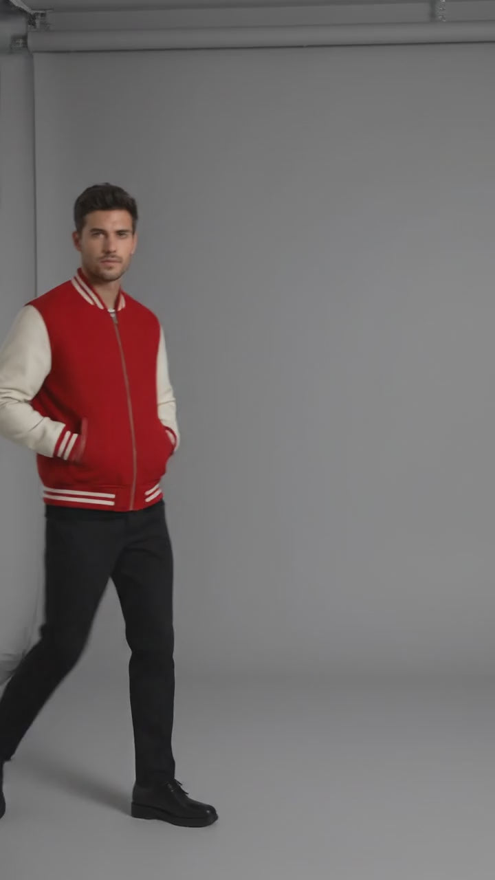 Men’s Red Varsity Letterman Jacket – Embroidered Wool Body with Leather Sleeves