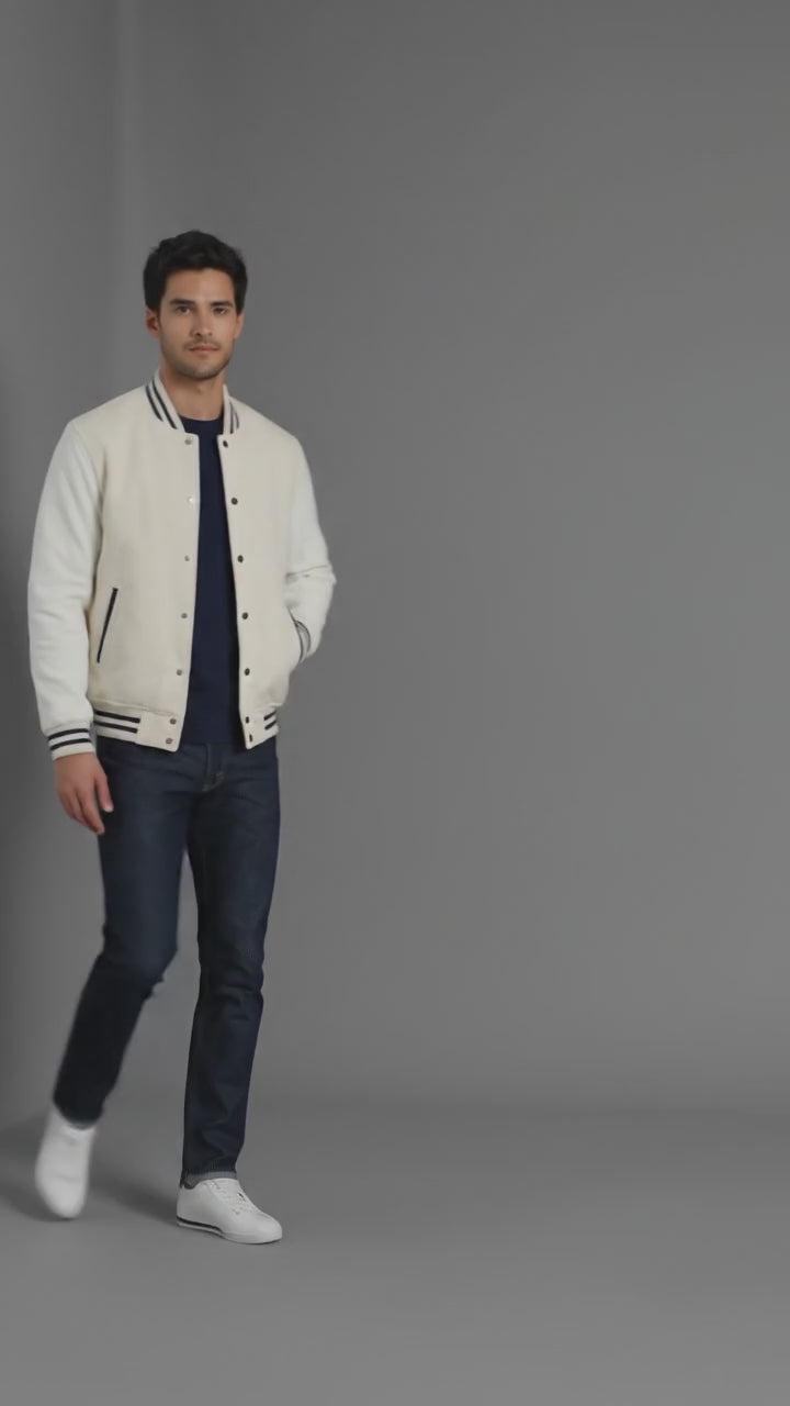 Men’s White Wool Varsity Jacket – Vintage Letterman with Leather Sleeves