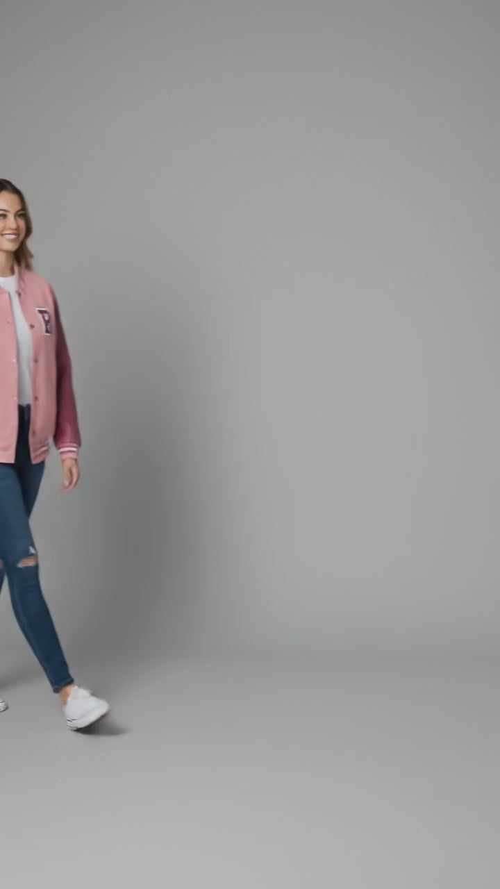 Baby Pink & Pink Leather Sleeve Women's Varsity Jacket