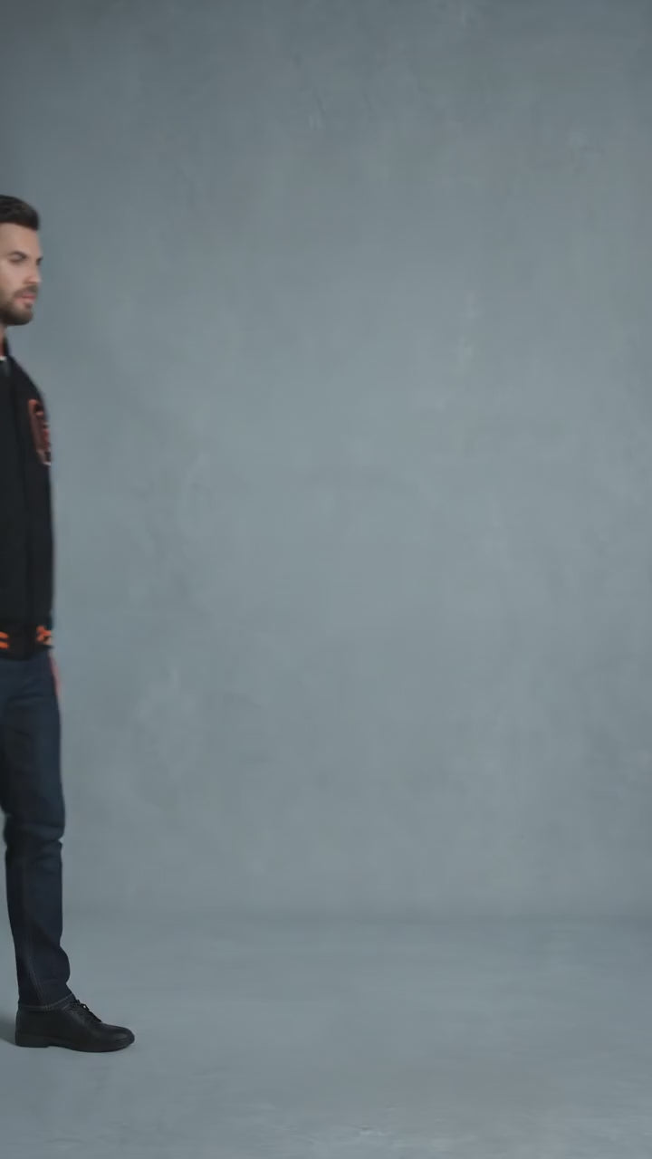 Men’s Black Wool Varsity Jacket – Orange Lining Letterman Streetwear Style