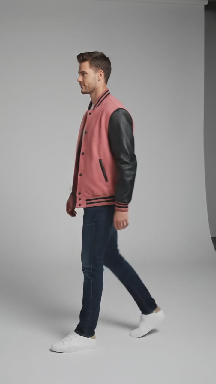pink body black leather sleeves varsity jacket men