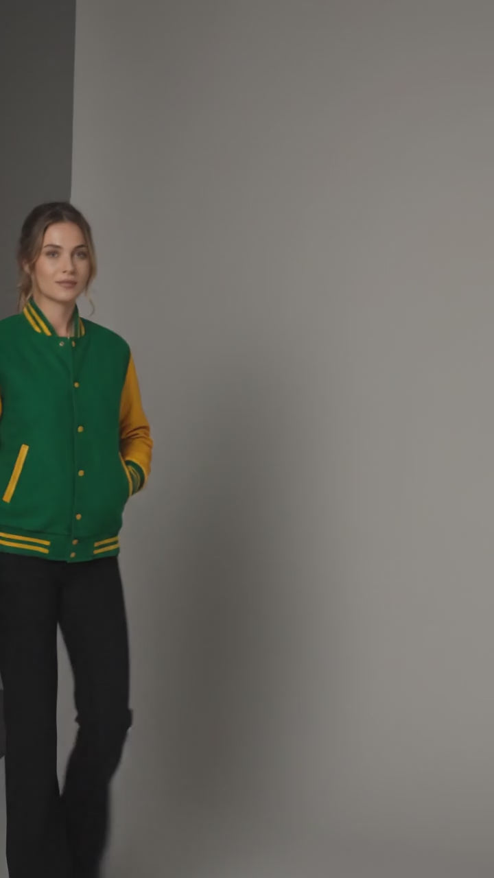 Green & Yellow Sleeves Women Varsity Jacket
