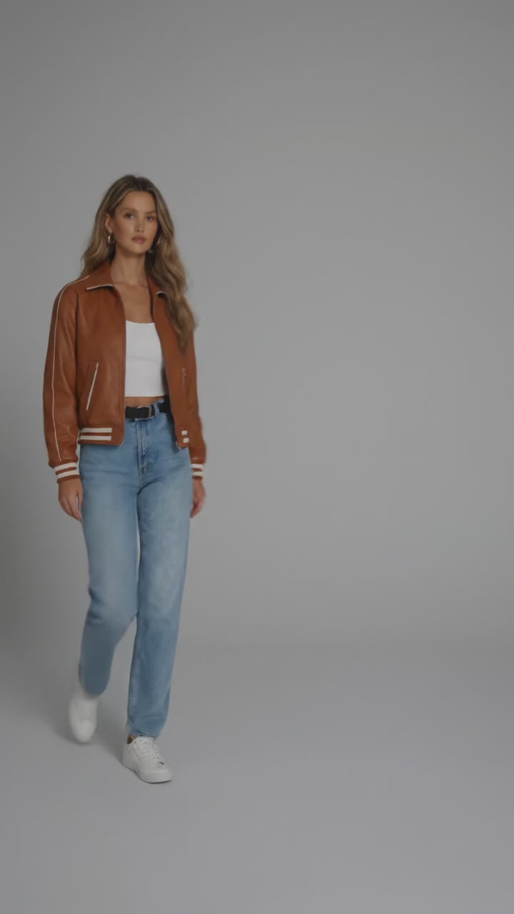 Camel Brown Leather Varsity Jacket for Women