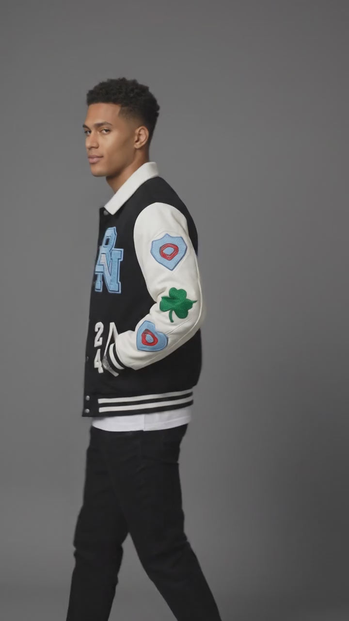 Men’s Black & White Varsity Jacket – Retro Patchwork Leather Style
