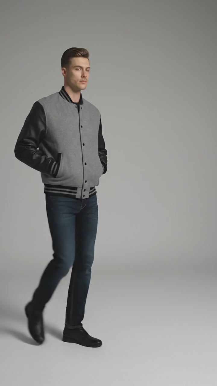 Men’s Grey Varsity Jacket with Black Leather Sleeves