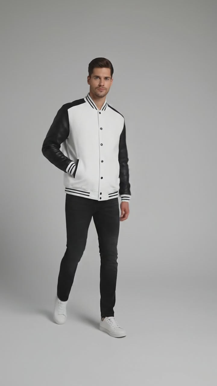 white body black leather sleeves varsity jacket men