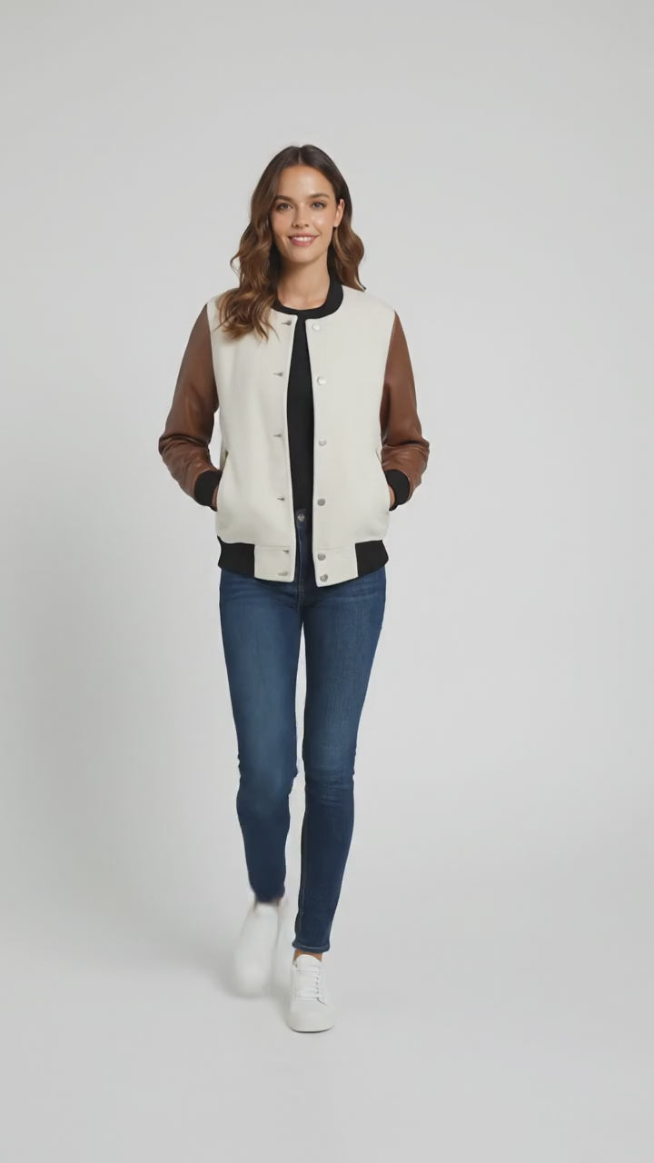 white body & Brown sleeves leather women Varsity Jacket
