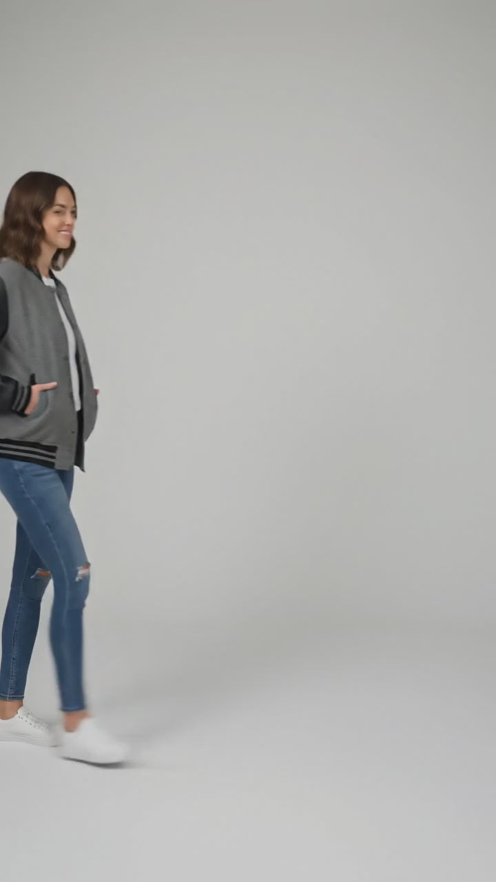 grey body with black leather sleeves womens  varsity jacket