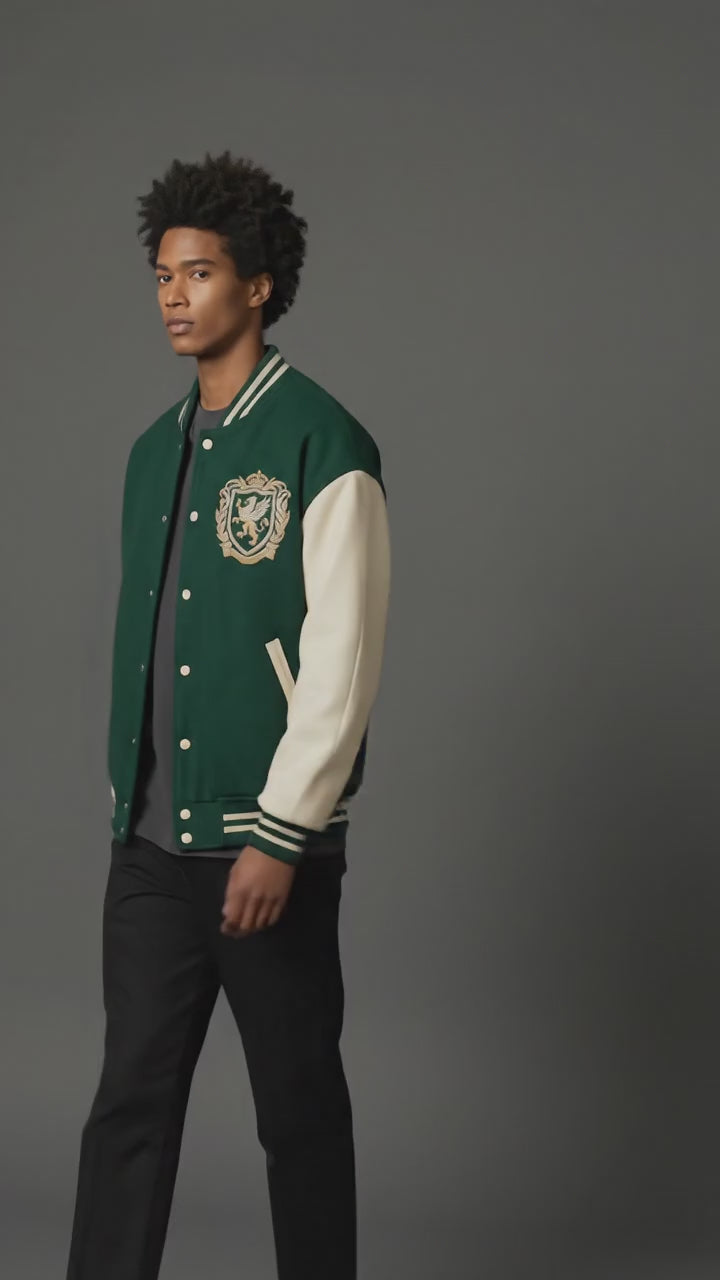 Custom Wool Blend Varsity Jacket – Oversized Fit Leather Sleeve Letterman Style