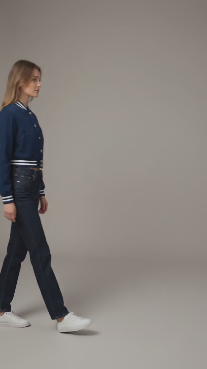 Navy Blue Cropped Varsity Jacket for Women