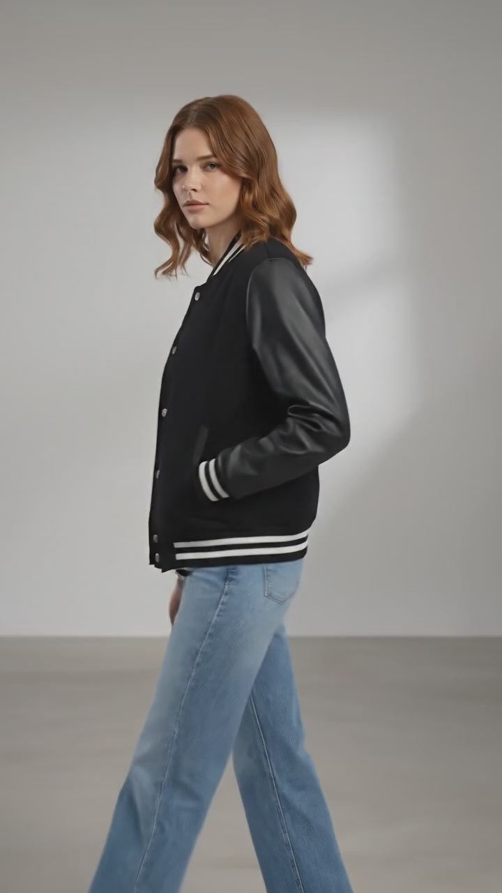 All-Black Leather Women’s Varsity Jacket