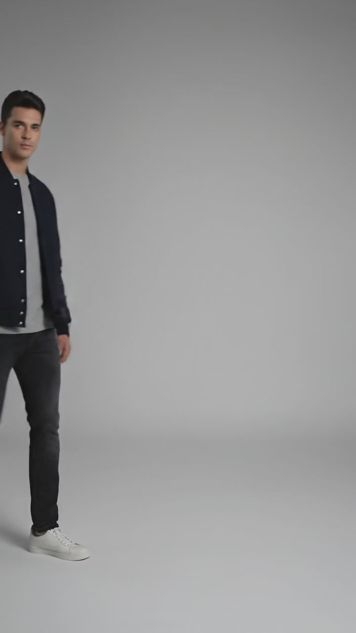 navy blue body dark blue leather sleeves varsity jacket men