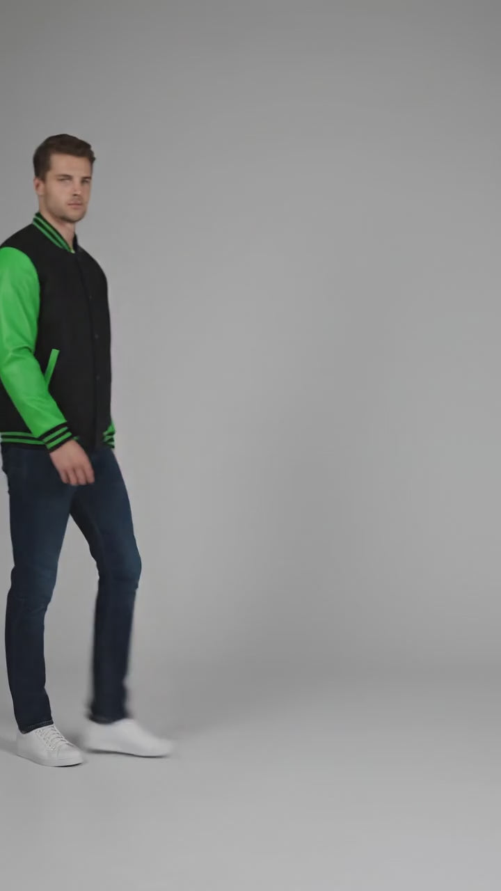 black body parrot green leather sleeves varsity jacket men