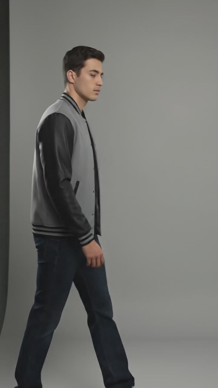 grey body black leather sleeves varsity jacket men