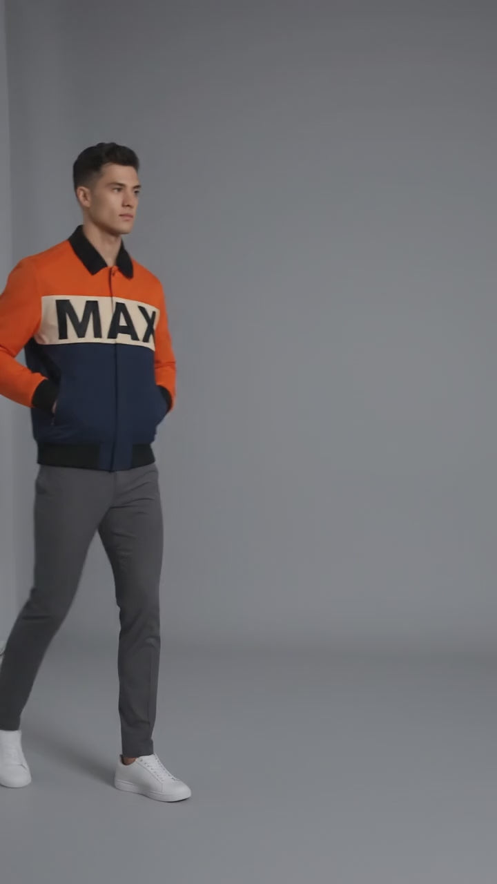 Men’s Navy Blue & Orange Varsity Jacket – Retro MAX Logo Leather Style