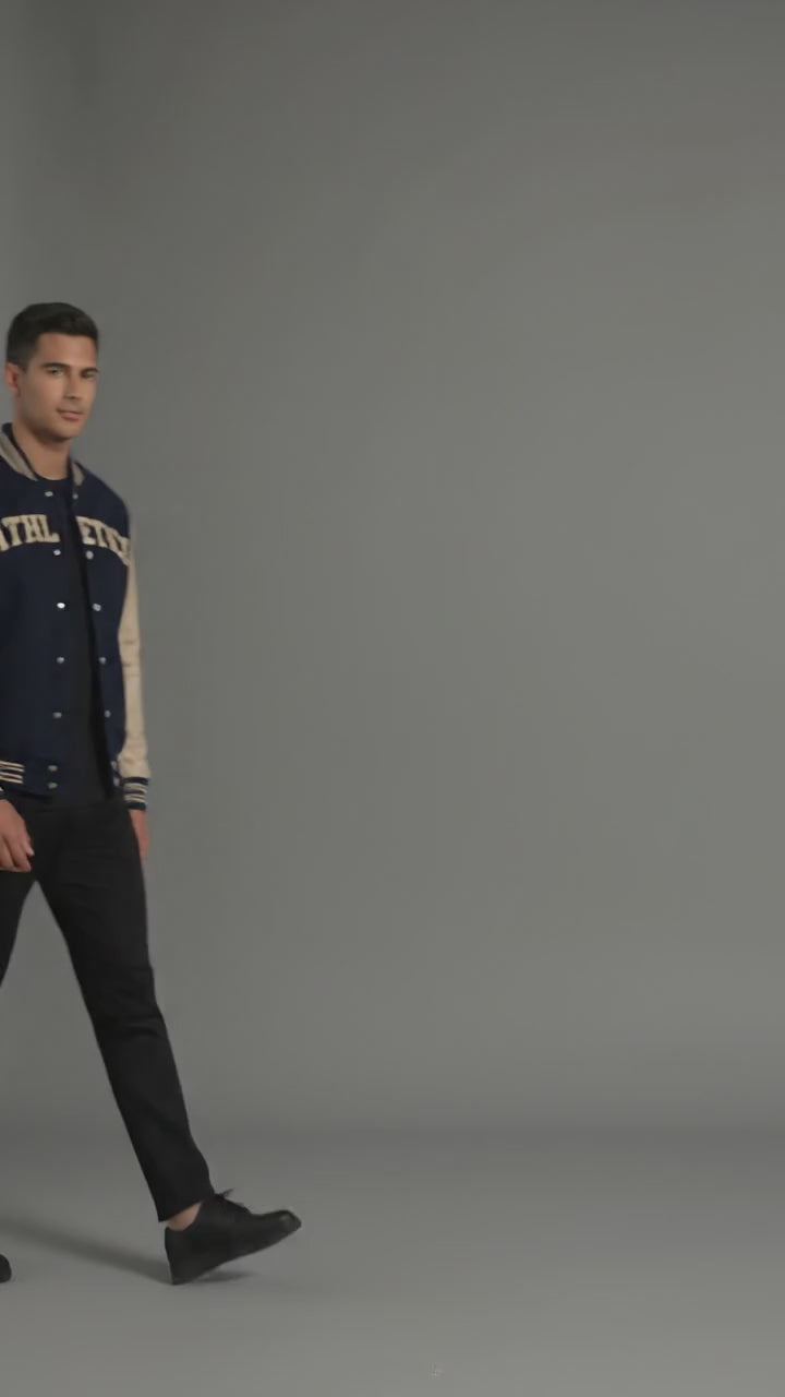 Navy Athletics Varsity Bomber Jacket – Cream Sleeves Letterman Style